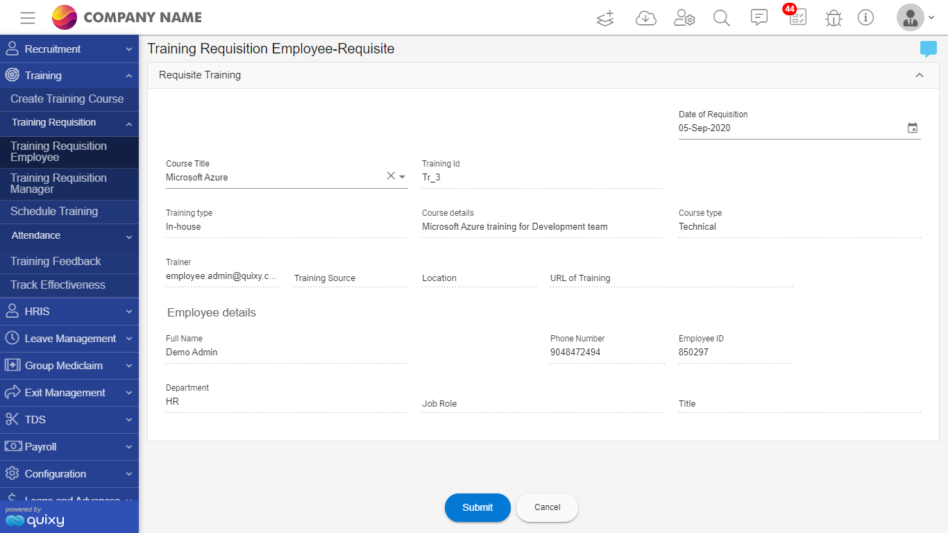 Employee Requisition for Training - Quixy SS