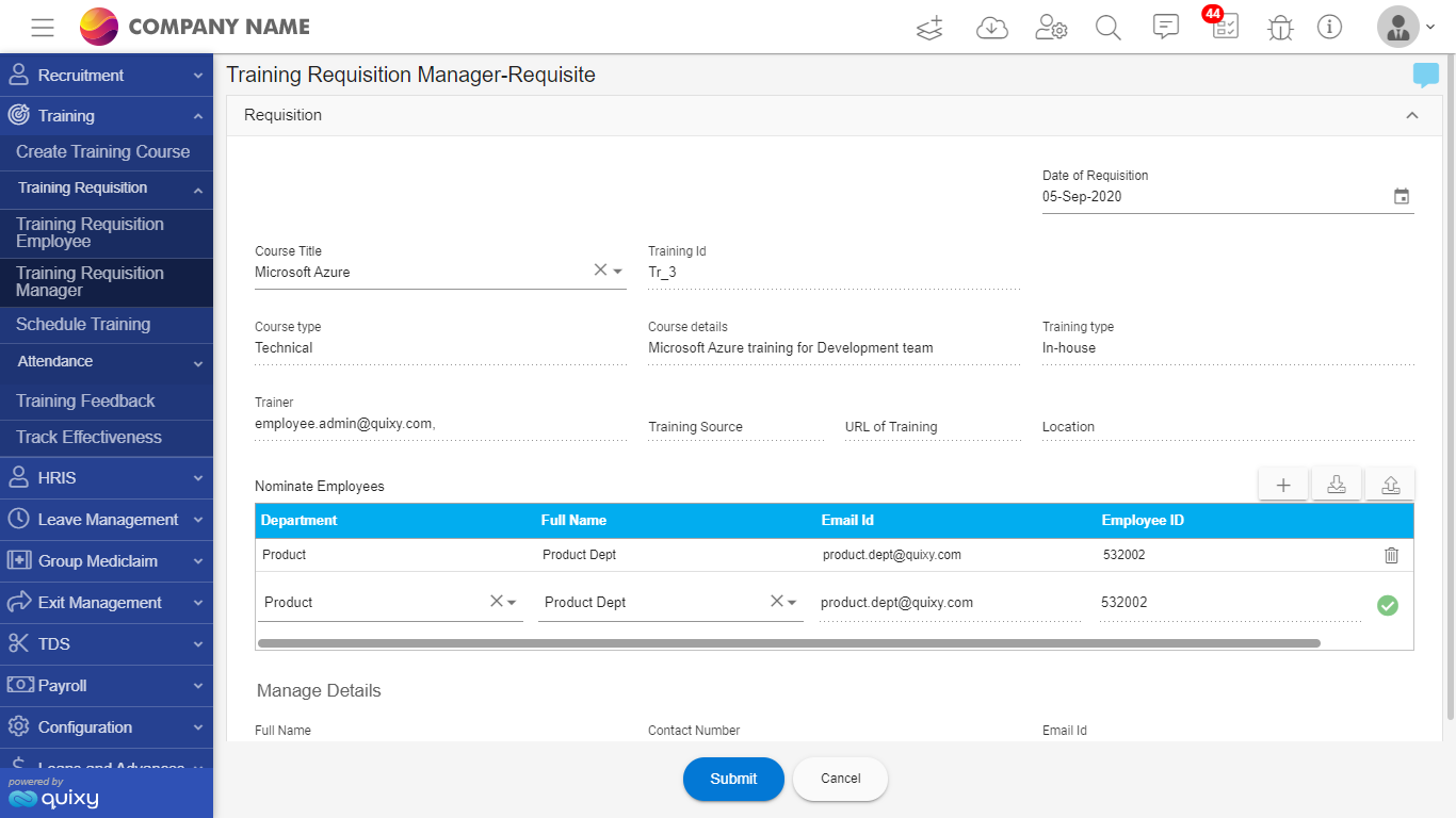 Manager Requisition for Training - Quixy SS