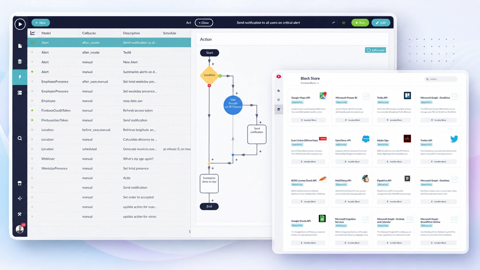 Workflow automation platform interface showing a visual workflow builder and block store integrations marketplace.